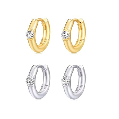2 Pairs Gold/Silver Hoop Earrings For Women Set Trendy,14K Plated Gold Chunky Huggie Hoop Earings Pack,Oval Twisted Statement Silver Hoops,Fashion Jewelry Gift - color: B6 small chunky cz hoops set
