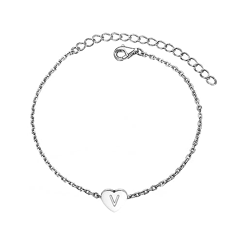 KunBead Initial Engraved Letter Bracelets Dainty Mini Size Heart Love Charm Stainless Steel Bracelets for Women Birthday Jewelry - style: V