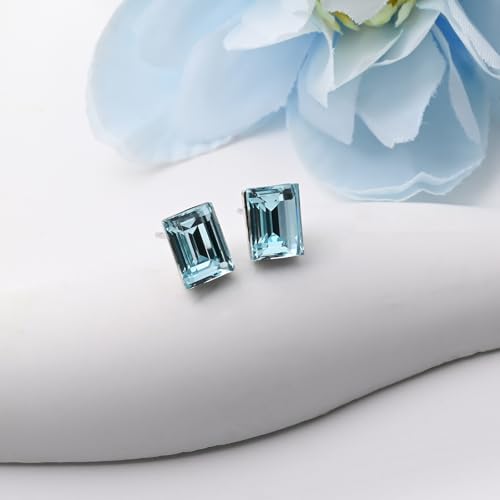 Rectangle Aquamarine Blue Crystal Sterling Silver Stud Earrings Sparkly Gemstone Dainty Fashion Jewelry for Women