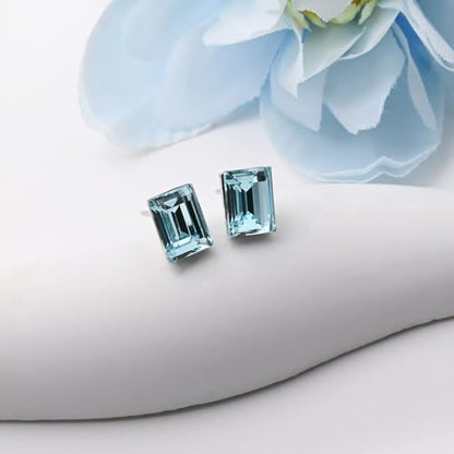 Rectangle Aquamarine Blue Crystal Sterling Silver Stud Earrings Sparkly Gemstone Dainty Fashion Jewelry for Women