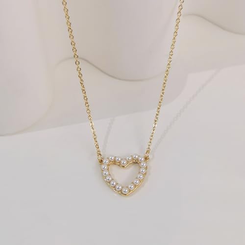 Zeffy Pearl Necklace 4MM/6MM/8MM Dainty Round Imitation Pearl Choker Necklace Wedding Pearl Necklace Delicate Jewelry for Women Simple Bridesmaid Jewelry Gifts - style: Gold Heart Pearl Necklace