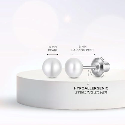 Pearl Screw Back Stud Earrings, 925 Sterling Silver Hypoallergenic - color: White, size: 5mm-Large
