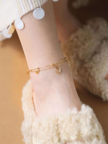 Layered Star and Moon Anklet for Women Waterproof Titanium Steel | Adjustable Gold/Silver Ankle Bracelet for Everyday Wear, Shower Safe Celestial Jewelry Gift, Dainty Summer Beach Foot Jewelry - color: Gold