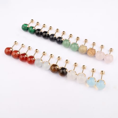 12 Pairs Multi Natural Gemstone Round Bead Ball Stud Earrings Stainless Steel Opal Tiger Eye Rose Quartz Onyx Stone Stud Earrings Set for Women - color: Gold flatback 6mm