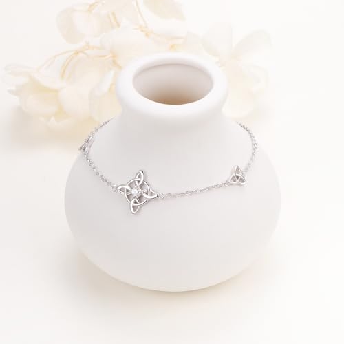 FLYOW 925 Sterling Silver Good Luck Irish Jewelry Triquetra Trinity Celtic Witches Knot Bracelet for Women - color: Silver - Cubic Zirconia