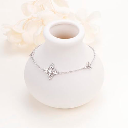 FLYOW 925 Sterling Silver Good Luck Irish Jewelry Triquetra Trinity Celtic Witches Knot Bracelet for Women - color: Silver - Cubic Zirconia