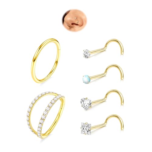 davka Nose Ring Set, 18G Hinged Hoop 8mm & 20G Nose Studs, Stainless Steel & Gold Plated, Hypoallergenic, Multiple Styles Nose Piercing Jewelry - color: Gold/Double Row CZ/18g 8mm hoops/Corkscrew studs