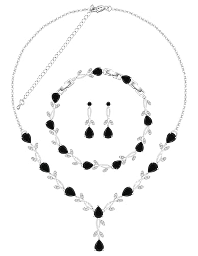 Jewelry Set for Women Bride Bridesmaid Wedding Party Prom Necklace Earrings Bracelet Set Gift for Mother Wife Friend - color: Black