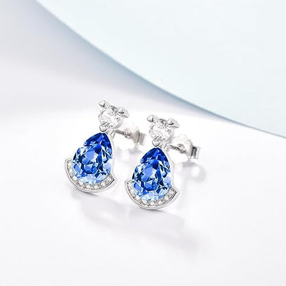 Birthstone Teardrop Crystal Stud Earrings for Women 925 Sterling Silver Solitaire Studs Halo Earrings for Birthday Gifts Teardrop Earrings for women - style: I September