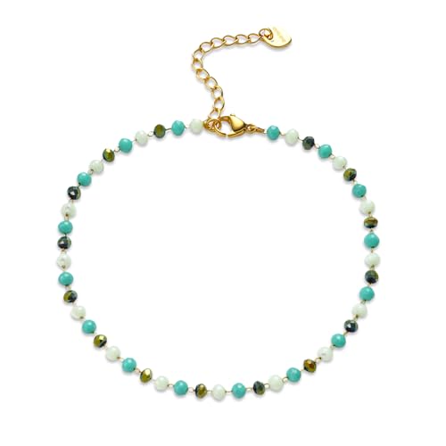 Black Green Beaded Anklets For Women Waterproof Stainless Steel Jewelry | Gold Plated Boho Adjustable Crystal Ankle Bracelets For Summer Beach Women Gifts