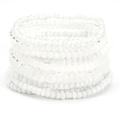 12Pcs Bohemia Multilayer Resin Seed Beaded Stackable Bracelets Colorful Crystal Glass Beads Stretch Bracelet BFF Friendship Elastic Wristbands for Women Men Summer Beach Boho Vacation Jewelry - color: White