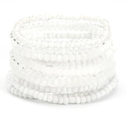 12Pcs Bohemia Multilayer Resin Seed Beaded Stackable Bracelets Colorful Crystal Glass Beads Stretch Bracelet BFF Friendship Elastic Wristbands for Women Men Summer Beach Boho Vacation Jewelry - color: White