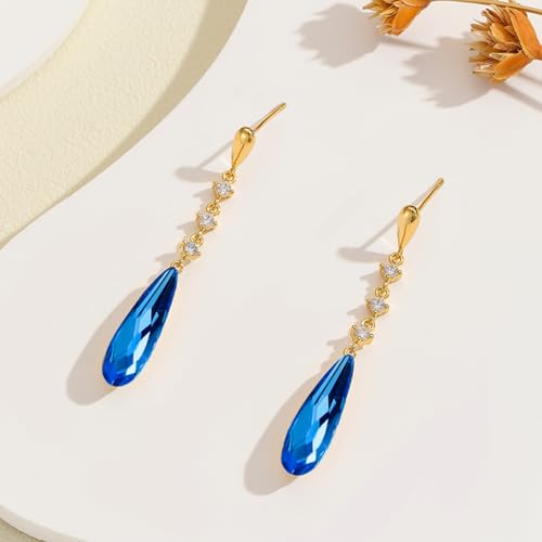 VONSSY Austrian Crystal Teardrop Drop Dangle Earrings Gold Plated Silver Post Zircon Gemstone Jewelry Gift for Woman Girlfriend Mom Wife - color: Sappire Blue