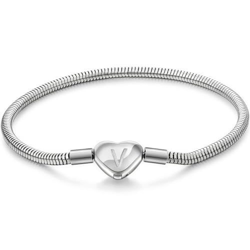 Initial Bracelet Heart Clasp Stainless Steel Snake Chain Alphabet Letter Charm Gift for Women Mom Girlfriend Wife - style: V