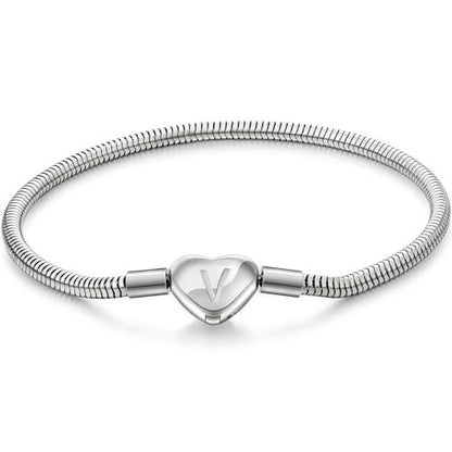Initial Bracelet Heart Clasp Stainless Steel Snake Chain Alphabet Letter Charm Gift for Women Mom Girlfriend Wife - style: V