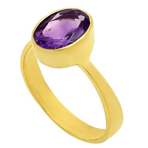 18K Gold Filled Non-Tarnish Ring for Women – Oval Multi Gemstone Solitaire Band – Classic Birthstone Jewelry for Everyday Wear - color: Amethyst