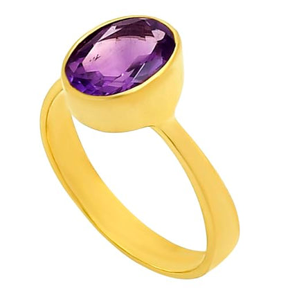 18K Gold Filled Non-Tarnish Ring for Women – Oval Multi Gemstone Solitaire Band – Classic Birthstone Jewelry for Everyday Wear - color: Amethyst