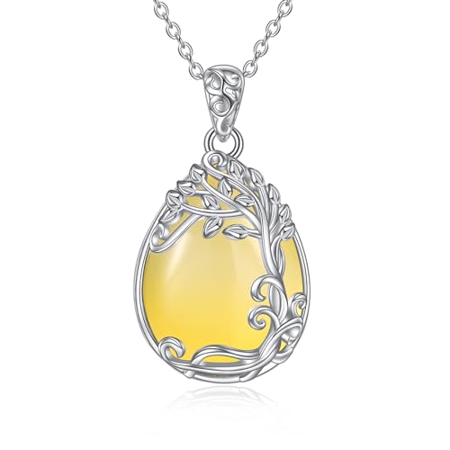 YAFEINI 925 Sterling Silver Moonstone Necklace Filigree Teardrop Pendant Necklace Jewelry for Women Girls - color: LL-Tree of Life Yellow Agate Necklace