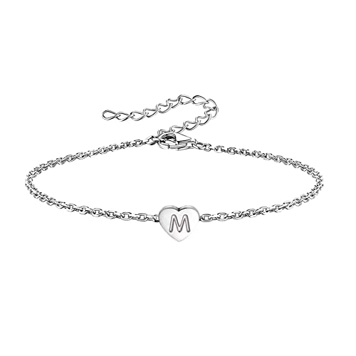 KunBead Initial Engraved Letter Bracelets Dainty Mini Size Heart Love Charm Stainless Steel Bracelets for Women Birthday Jewelry - style: M