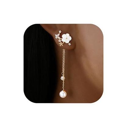 14K Gold Plated CZ Flower Dangle Earrings for Women, Sparkly Cubic Zirconia Long Tassel Drop Earrings, Bridal Wedding Jewelry - color: A:Flower Pearl Earrings