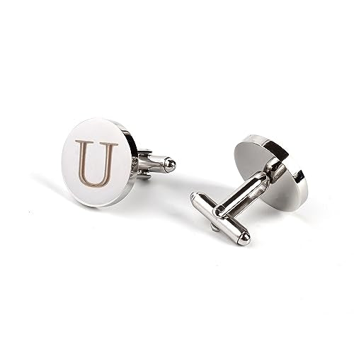 Mens Initial Silver Cufflinks A-Z Alphabet Letter Steel Cuff Links with Engraved Walnut Wood Box Groom Groomsman Wedding Set… - style: U