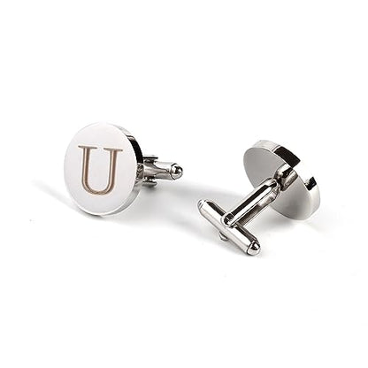 Mens Initial Silver Cufflinks A-Z Alphabet Letter Steel Cuff Links with Engraved Walnut Wood Box Groom Groomsman Wedding Set… - style: U