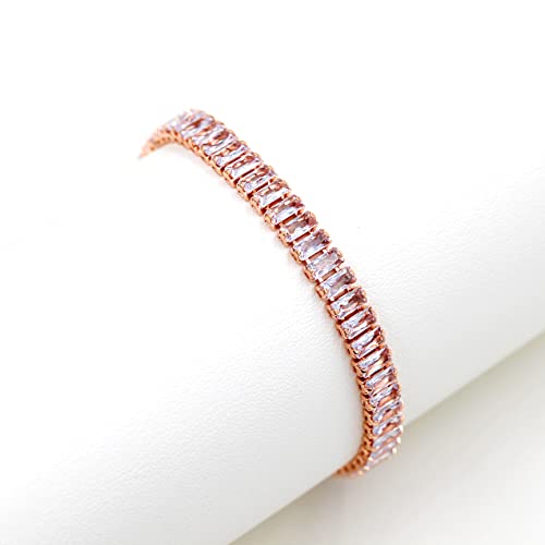 Uloveido Classic Emerald Cut Rectangular Cubic Zirconia Eternity Tennis Bracelet Adjustable for Women Y1788 - color: Rose Gold-white