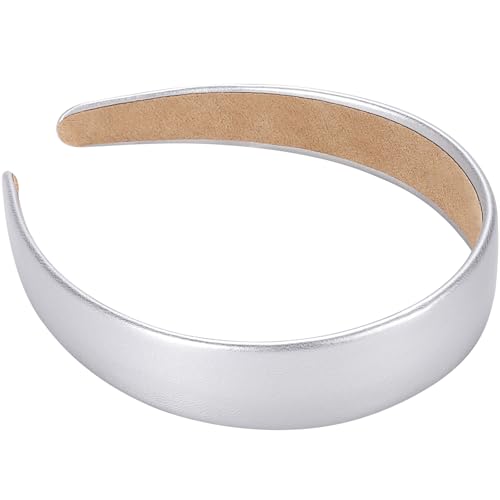 WantGor 1 Inch PU Leather Headband, Wide Padded Hairband Fashion Hair Bands | Cute Womens Headbands Holiday DIY Hair Accessories (Silver) - color: Silver