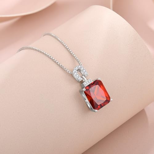 Emerald Cut Birthstone Necklace for Women 925 Sterling Silver | Baguette Birthstone Pendant Necklace, Jewelry for Mom Wife - color: Deep Red
