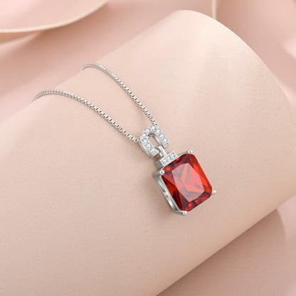 Emerald Cut Birthstone Necklace for Women 925 Sterling Silver | Baguette Birthstone Pendant Necklace, Jewelry for Mom Wife - color: Deep Red