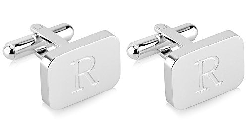 18K White-Gold Plated Initial Engraved Stainless Steel Men’s Cufflinks With Gift Box -Personalized Alphabet Letter’s A-Z By Lux & Pair - style: R- White Gold