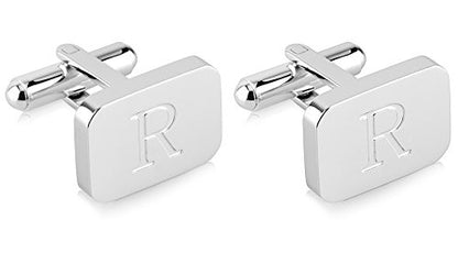 18K White-Gold Plated Initial Engraved Stainless Steel Men’s Cufflinks With Gift Box -Personalized Alphabet Letter’s A-Z By Lux & Pair - style: R- White Gold