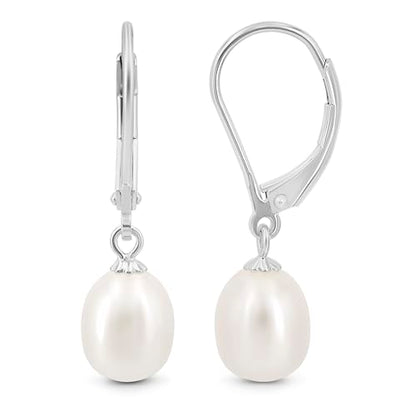KEZEF Freshwater Cultured Pearl Drop Earrings, 14k White Gold Plated Sterling Silver, 7-8mm Dangle Earrings, Leverback, Hypoallergenic for Women, White Pearl Earrings - style: 14k White Gold