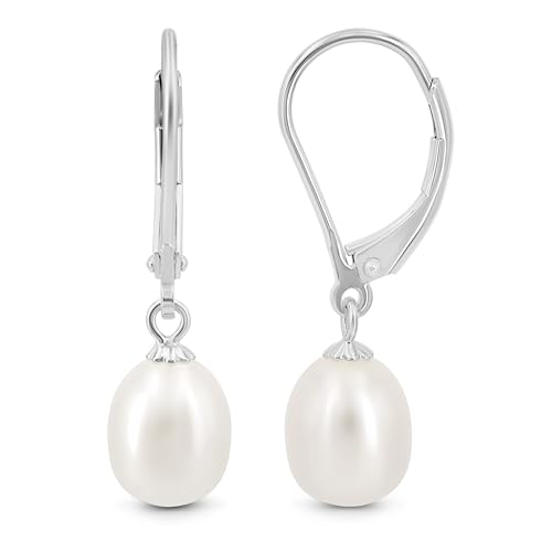 KEZEF Freshwater Cultured Pearl Drop Earrings, 14k White Gold Plated Sterling Silver, 7-8mm Dangle Earrings, Leverback, Hypoallergenic for Women, White Pearl Earrings - style: 14k White Gold