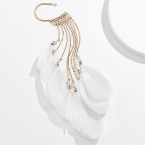 Feather Earrings for Women Ear Cuffs Long Tassel Boho Clip Earrings Red White Non Piercing Earring Statement Jewelry Birthday Prom Jewelry Gifts - color: A1:white tassel feather ear clips