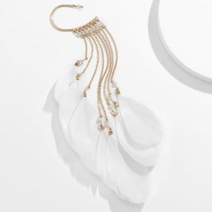 Feather Earrings for Women Ear Cuffs Long Tassel Boho Clip Earrings Red White Non Piercing Earring Statement Jewelry Birthday Prom Jewelry Gifts - color: A1:white tassel feather ear clips