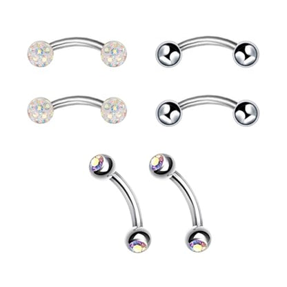6pc 16G 6/8/10mm Bar Surgical Steel Curved Barbell Coated Crystal Eyebrow Ring Ear Body Piercing Jewelry Set - color: colorful