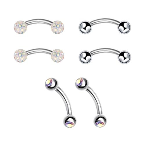 6pc 16G 6/8/10mm Bar Surgical Steel Curved Barbell Coated Crystal Eyebrow Ring Ear Body Piercing Jewelry Set - color: colorful
