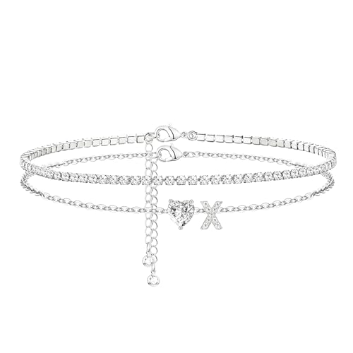 Heart Initial Silver Anklets for Women Waterproof Dainty Silver Plated ankle bracelets for women Large Ankle Women's Anklets Tennis ankle bracelets Non Tarnish Summer Beach Foot Jewelry - style: Silver-X