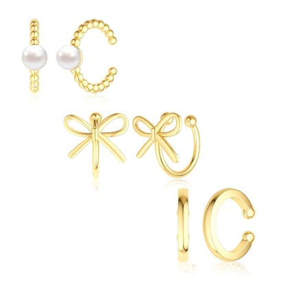 14K Gold Plated Ear Cuff Earrings for Women, Dainty Ear Cuffs Clip on Earrings Non Piercing Trendy Cubic Zirconia Cartilage Hoop Earring Fashion Jewelry Sets for Women - color: 3PCS/Pearl