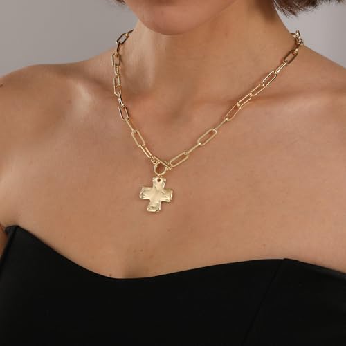 Bheop Chunky Cross Necklace for Women, 14K Gold Silver Statement Necklace | Sturdy Paperclip Chain, Hammered Pendant, Vintage Charm, Trendy Costume Jewelry, Faith Christian Religious Gift, Non Tarnish - style: GD-Toggle Necklace（1 inch Pendant)