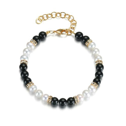 Natural White Pearl Black Obsidian 6mm Bead Adjustable Vintage Bracelet Jewelry Gift for Women