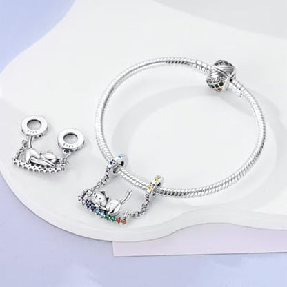 925 Sterling Silver Charms for Bracelets and Necklaces Lipstick and Perfume High Heels Dangle Pendants Heart Butterfly Bead Charms Halloween Christmas Gift for Womens - style: Cat Safety Chain