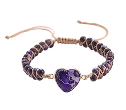 Women Boho Wrap Bracelet,Handmade Natural Stone Crystal Emperor Beads Heart Bracelet, Fashion Bohemian Jewelry Gift for Women - color: Purple Heart Stone