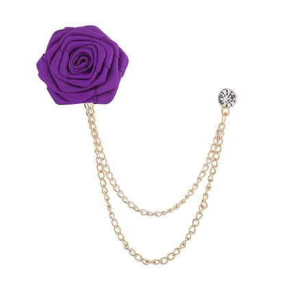 Bridegroom Wedding Brooch, Rose Flower Brooch Lapel Pin Badge Tassel Chain for Men Suit Accessories, Cloth Art Handmade Jewelry - color: Purple