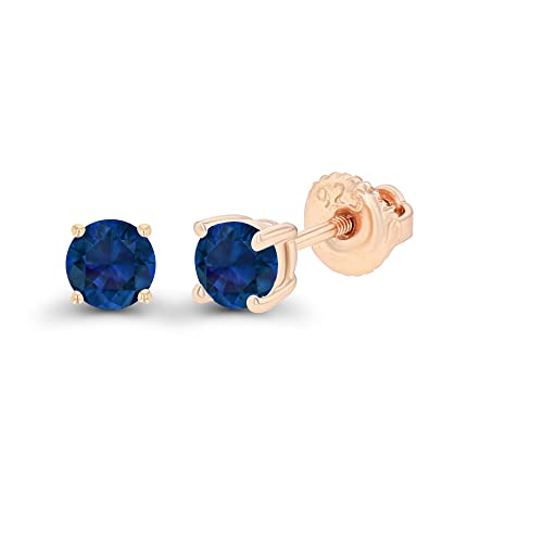 14K Gold Plated 925 Sterling Silver Hypoallergenic 4mm Round Genuine Birthstone Solitaire Screwback Stud Earrings - color: Blue Sapphire Created