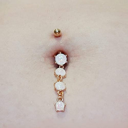 Cute Dangly Opal Belly Button Rings 14g 316L Stainless Steel Dangle Navel Rings for Women Belly Button Piercing Dangling Navel Bar - color: Rose Gold-Opal
