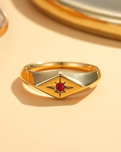 YeGieonr Gold Rings for Women Non Tarnish, 18K Gold Plated Stainless Steel North Star Signet Ring, Waterproof Dainty Pinky Statement Ring, Tarnish Free Gold Jewelry for Women - color: Rhombus Red