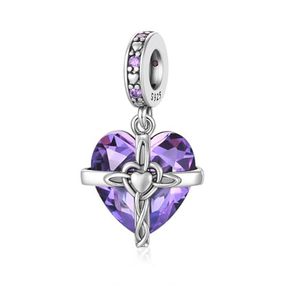 Birthstone Charm, 925 Sterling Silve Heart Dangle Charms for Pandora Bracelets, Ladies Birthday Gift - style: B-February