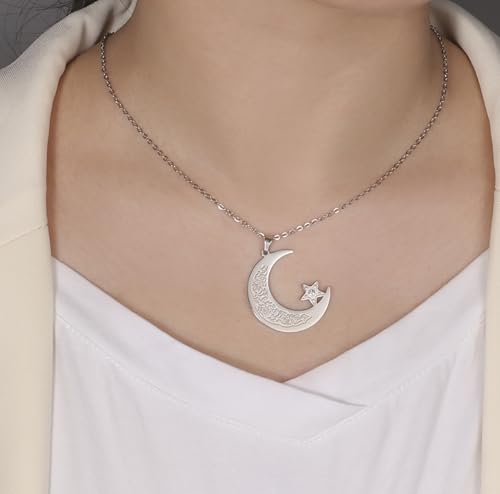 Islamic Ayatul Kursi Necklace Muslim Crescent Moon and Star Pendant Arabic Calligraphy Allah Amulet Religious Jewelry Eid Ramadan Gift for Women Men - color: silver